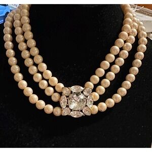 Monet 3 Strand Pearl Necklace Crystal Stone Clasp